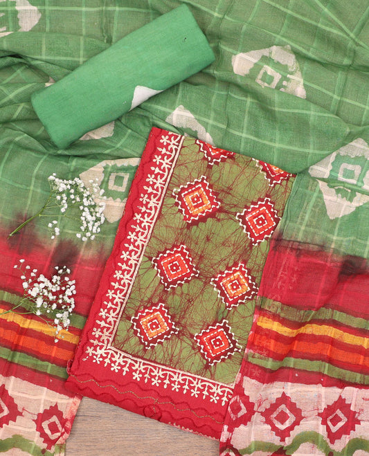Red chudidhar material set, batik & shibori print with thread work rayon top, printed bottom, & chanderi silk dupatta