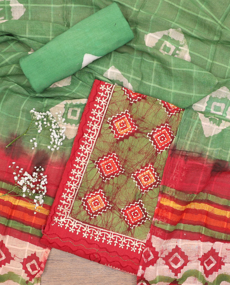 Red chudidhar material set, batik & shibori print with thread work rayon top, printed bottom, & chanderi silk dupatta