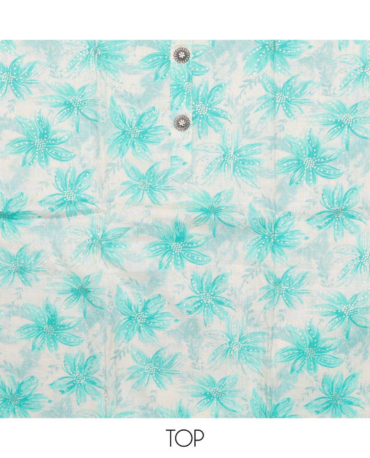 Blue material churidar set, sunflower motifs printed with button stitched cotton top, contrast chevron printed cotton bottom, and textured chanderi dupatta of sequins stripes