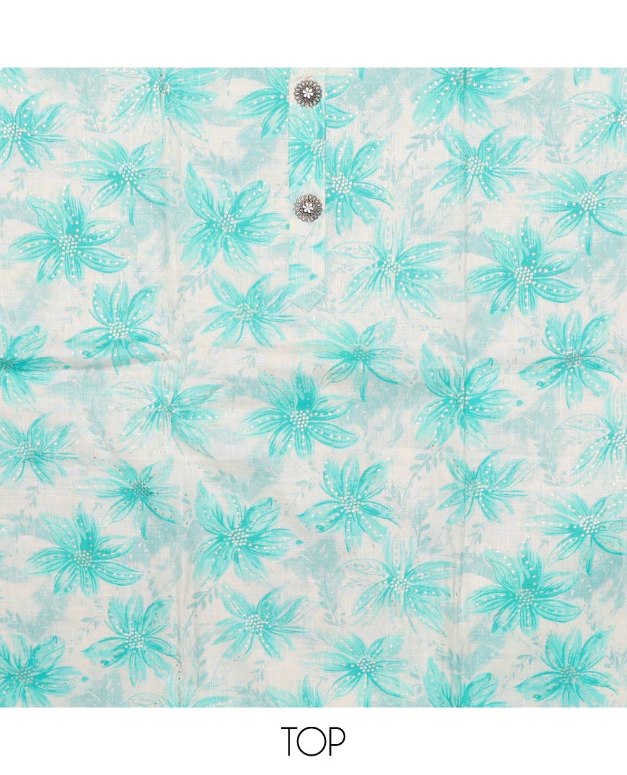 Blue material churidar set, sunflower motifs printed with button stitched cotton top, contrast chevron printed cotton bottom, and textured chanderi dupatta of sequins stripes