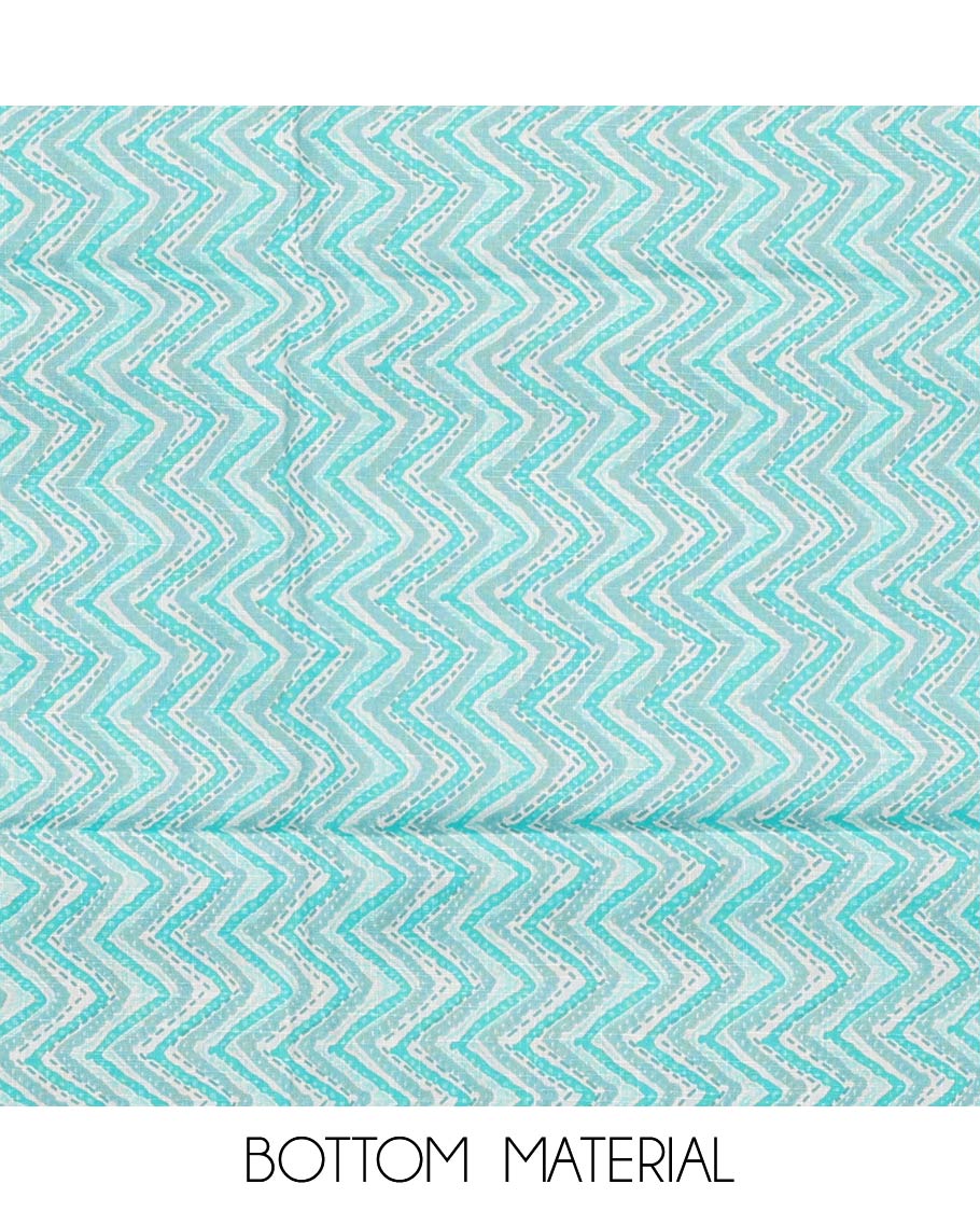 Blue material churidar set, sunflower motifs printed with button stitched cotton top, contrast chevron printed cotton bottom, and textured chanderi dupatta of sequins stripes