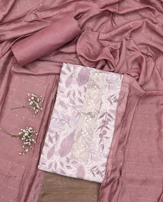 Pink Material Chudidar Set, Prettified with Abstract-Style Leaf Printed and Embroidery on Cotton Top, a Contrast Plain Cotton Bottom, and Paired with Sequins Striped Cotton Dupatta