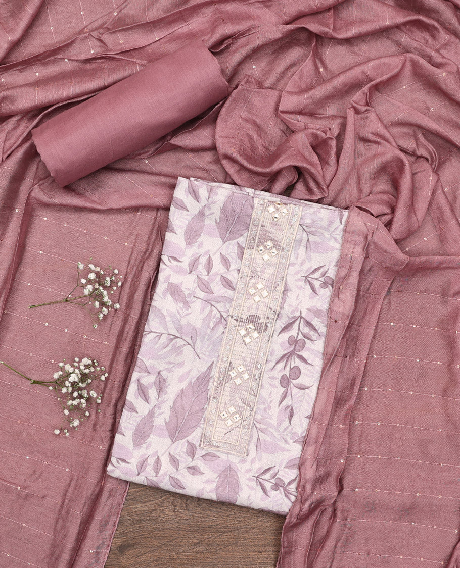 Pink Material Chudidar Set, Prettified with Abstract-Style Leaf Printed and Embroidery on Cotton Top, a Contrast Plain Cotton Bottom, and Paired with Sequins Striped Cotton Dupatta