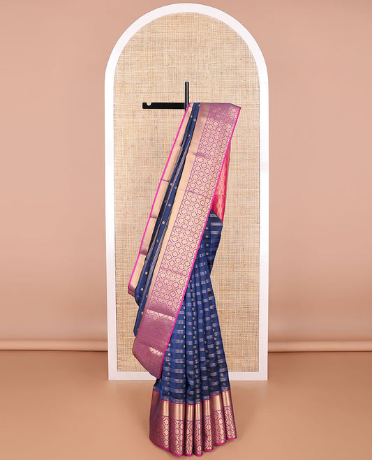 Dark blue striped, floral buttas vasundhara elite silk saree with contrast checked design border & jaal pallu