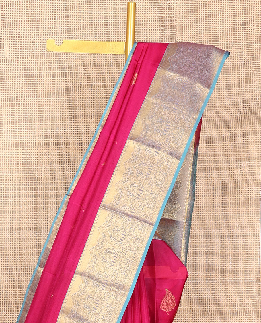 Pink leaf zari buttas vasundhara silk mix saree, contrast border of rekku,muthu & manga design & zari-rich jaal design pallu