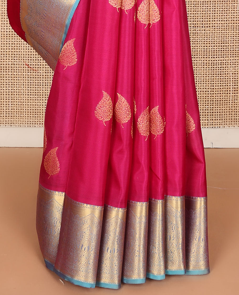 Pink leaf zari buttas vasundhara silk mix saree, contrast border of rekku,muthu & manga design & zari-rich jaal design pallu