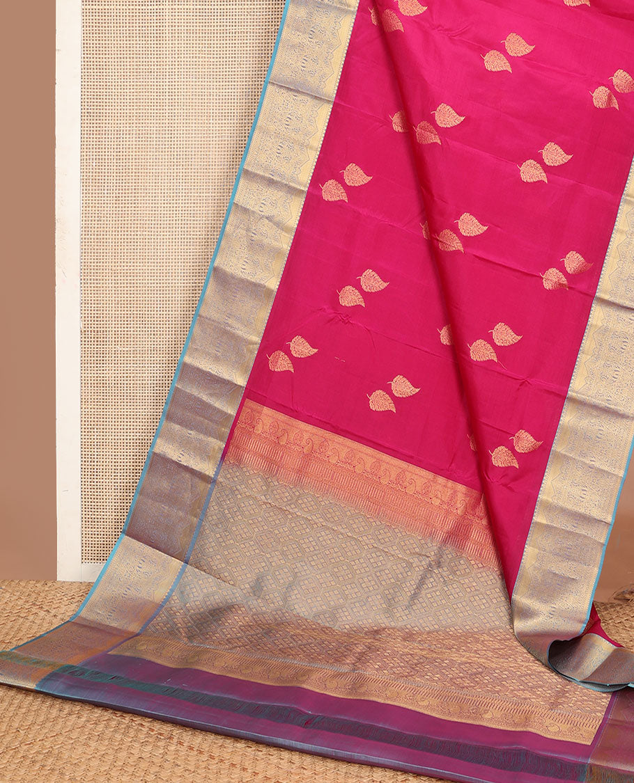 Pink leaf zari buttas vasundhara silk mix saree, contrast border of rekku,muthu & manga design & zari-rich jaal design pallu
