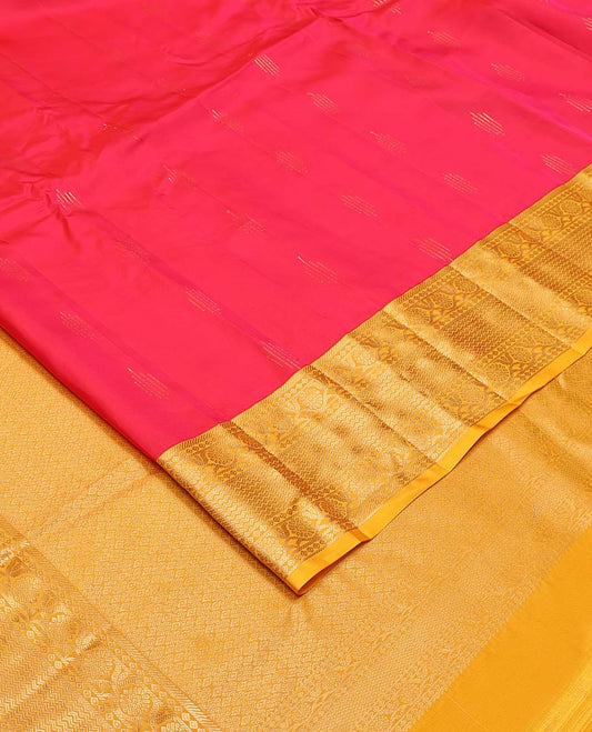 Pink zari buttas Vasundhara silk mix saree, contrast border of banaras, vanki and kodi visiry, and intricate pallu