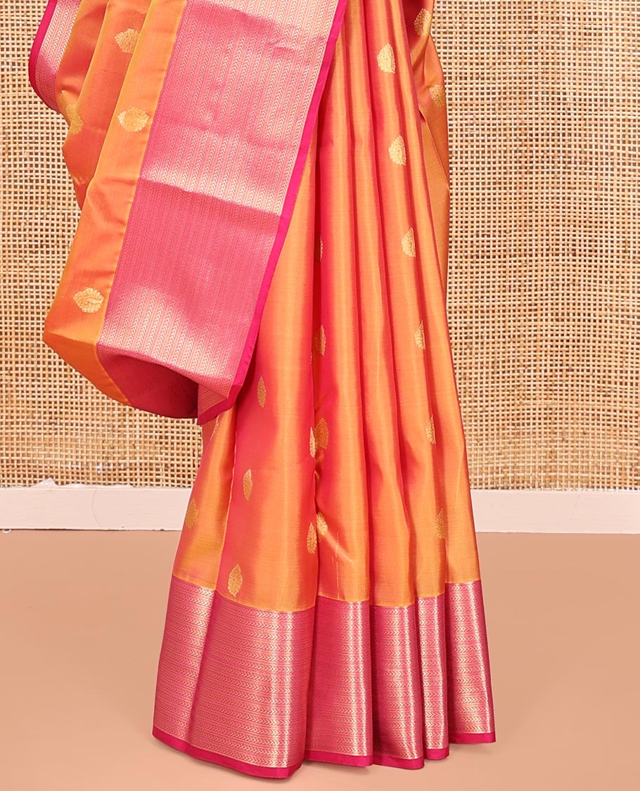 Orange Vasundhara Silk Mix Saree, Decked Up with Zari Buttas All Over Its Body, Complemented by Contrast Border of Muthu and Kathir Designs, Geometric Patterned Pallu and Paired with a Contrast Blouse