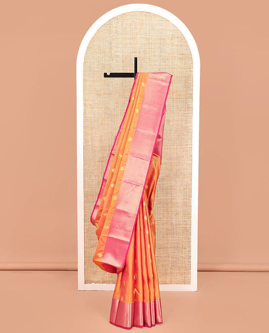 Orange Vasundhara Silk Mix Saree, Decked Up with Zari Buttas All Over Its Body, Complemented by Contrast Border of Muthu and Kathir Designs, Geometric Patterned Pallu and Paired with a Contrast Blouse