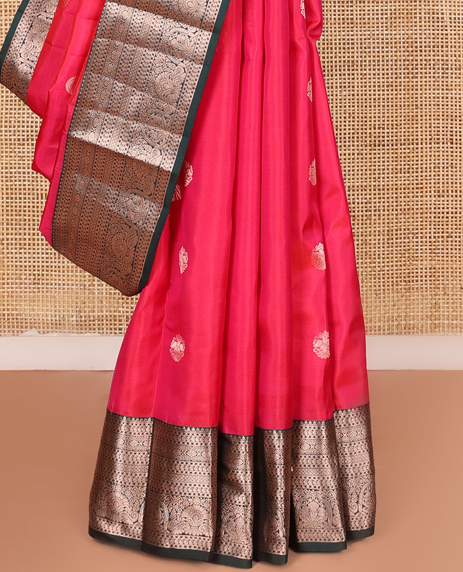 Red Vasundhara Silk Saree Accentuated with Zari Buttas All Over Its Body, Highlighted with a Contrast Border of Traditional Zari Designs, Pallu Delicately Woven with Jaal Designs, and Paired with a Contrast Blouse