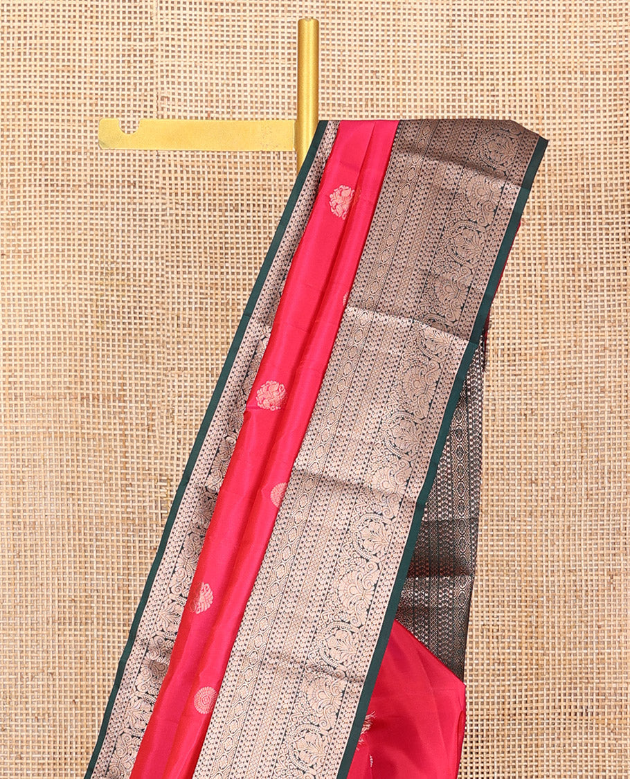 Red Vasundhara Silk Saree Accentuated with Zari Buttas All Over Its Body, Highlighted with a Contrast Border of Traditional Zari Designs, Pallu Delicately Woven with Jaal Designs, and Paired with a Contrast Blouse