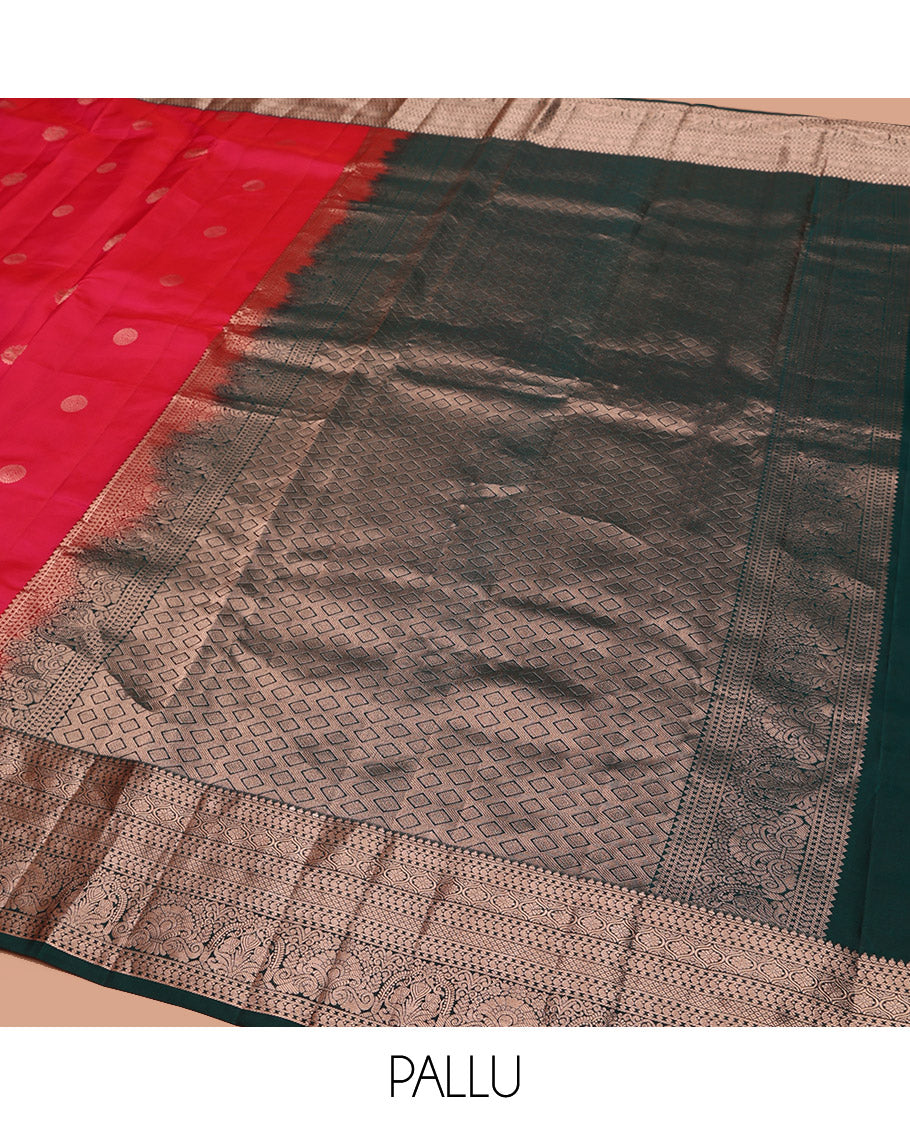 Red Vasundhara Silk Saree Accentuated with Zari Buttas All Over Its Body, Highlighted with a Contrast Border of Traditional Zari Designs, Pallu Delicately Woven with Jaal Designs, and Paired with a Contrast Blouse