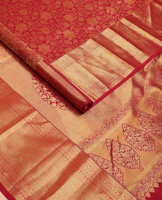 Crimson red jacquard wedding silk saree, zari border of thilakam,banaras,godumai kann,jada nagam & jaal & floral-geometric pallu