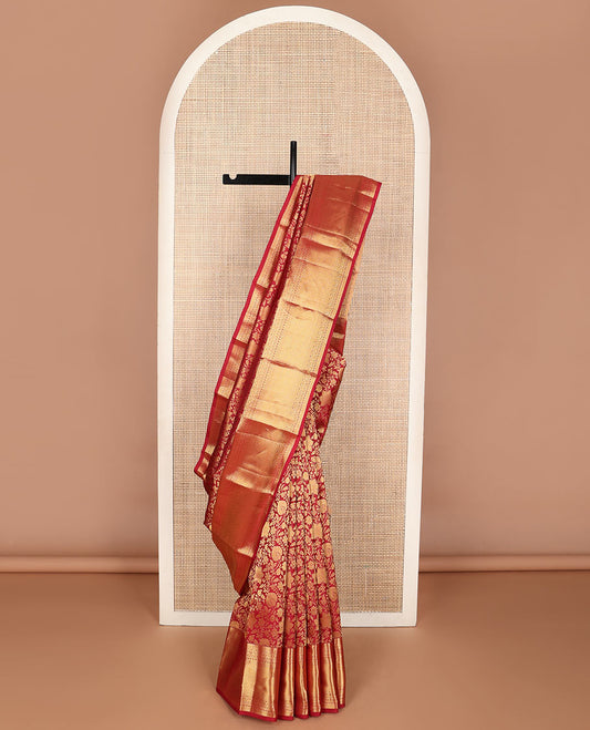 Crimson red jacquard wedding silk saree, zari border of thilakam,banaras,godumai kann,jada nagam & jaal & floral-geometric pallu