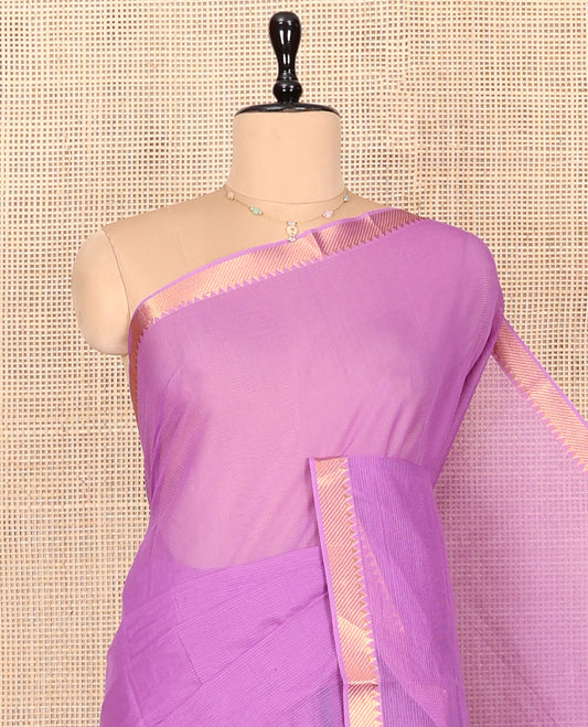 Purple Plain Andhra Cotton Saree Featuring Temple Zari Border, Contrast Striped Pallu, and a Contrast Blouse