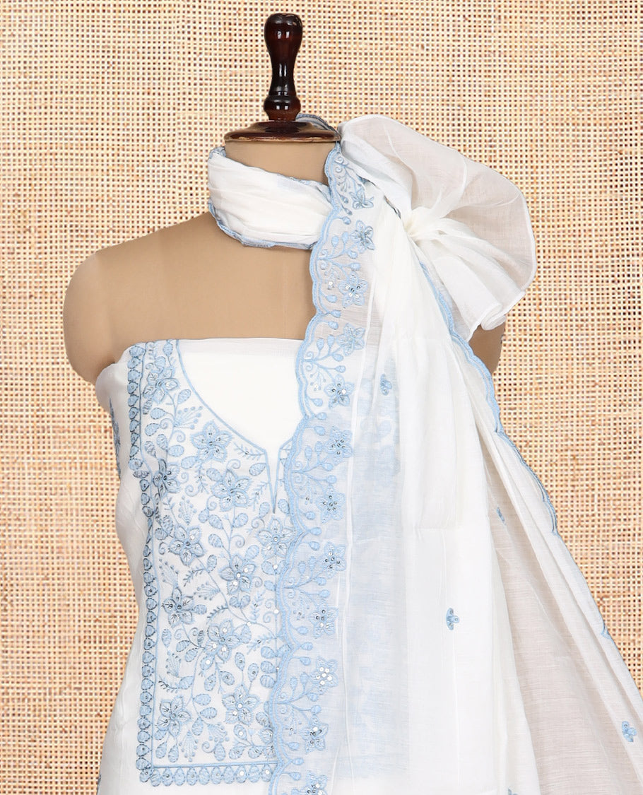 White Mul Chanderi Material Churidar, Floral Embroidered Top, a Plain Bottom, a Floral Embroidered Scallop Dupatta