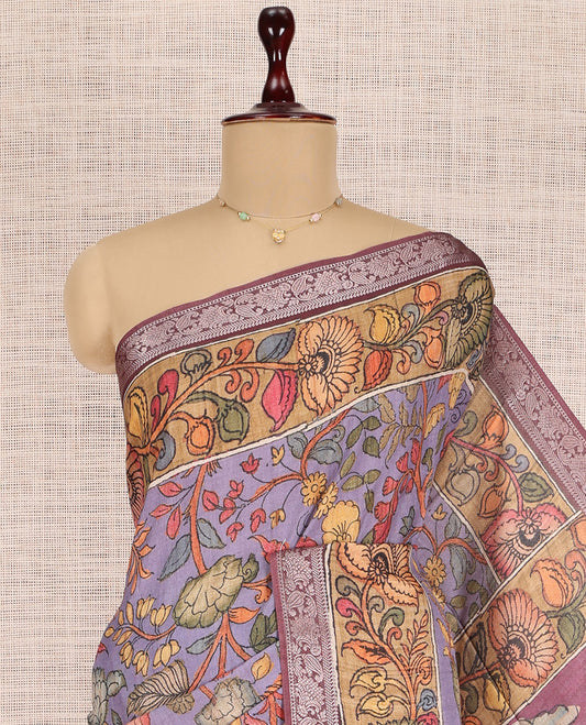 Lavender Kalamkari Printed Fancy Tussar Saree