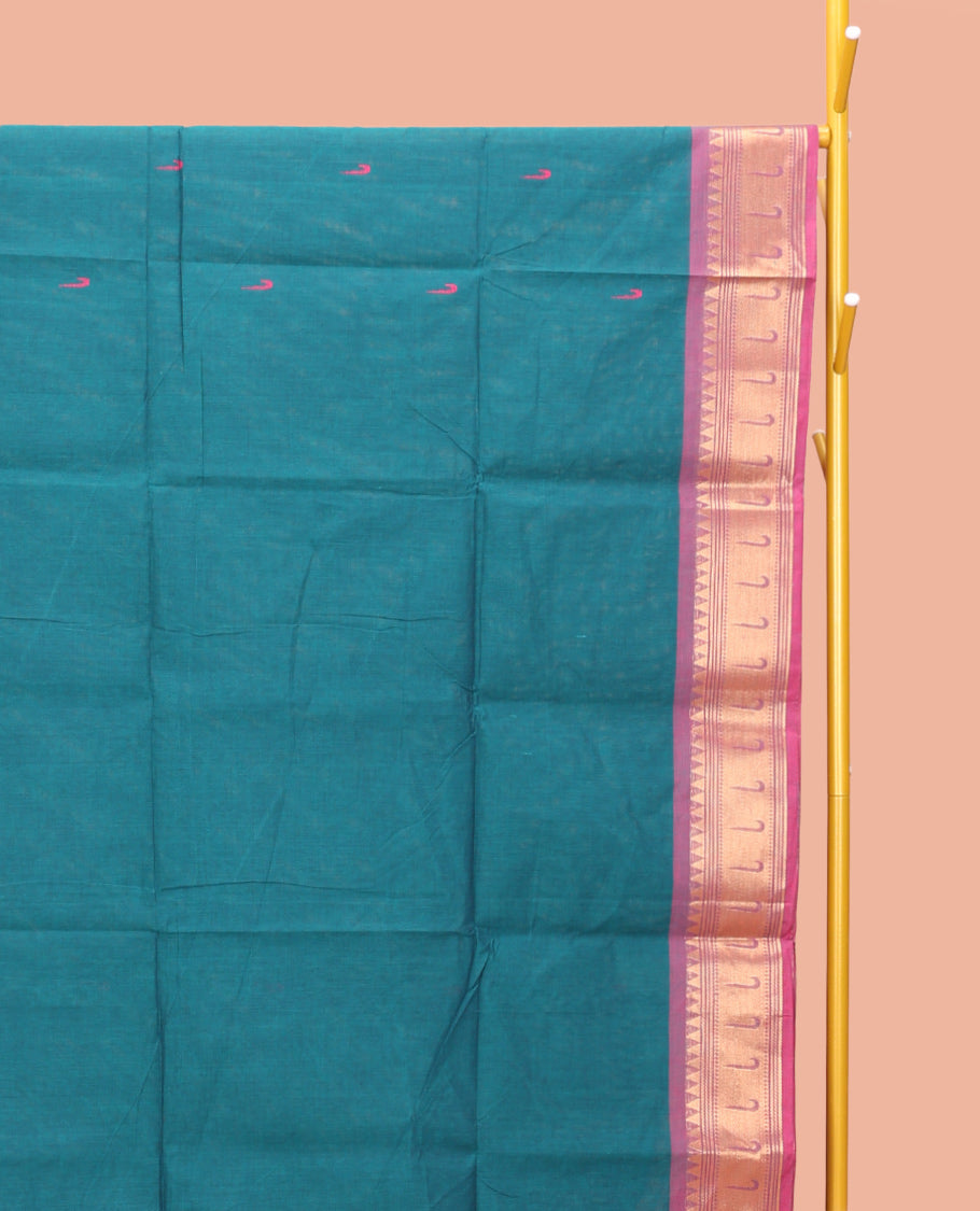 Blue Chettinad Cotton Saree, Steeped with Muniya Buttas on Its Body, Complemented by a Contrast Traditional Muniya Border, Pallu of Stripes, and Paired with a Matching Blouse