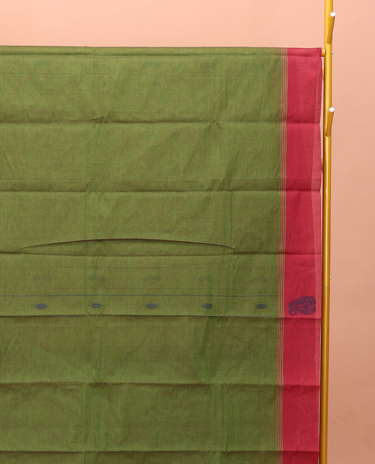 Green Kanchi Cotton Saree, Woven with Buttas on Its Body, Complemented by a Contrast Border, Pallu of Intricate Design, and a Matching Blouse