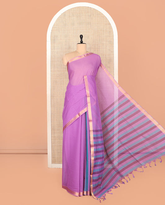 Purple Plain Andhra Cotton Saree Featuring Temple Zari Border, Contrast Striped Pallu, and a Contrast Blouse