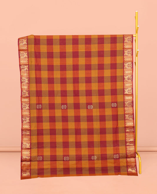 Red-Orange Chettinad Cotton Saree, Woven with Checks and Buttas, Highlighted by Peacock Border, Striped Pallu, and No Blouse