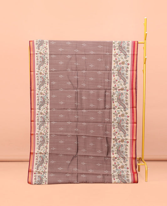 Brown Kanchi Cotton Saree, Adorned with Buttas All Over Its Body, Complemented by a Contrast Border of Kalamkari Peacock Print, Pallu of Kalamkari Peacock Print, and Paired with a Contrast Blouse