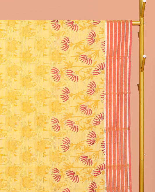 Yellow Chirala Cotton Saree, Decked Up with Swan and Floral Print, Contrast Striped Border, Floral Printed Pallu, and a Matching Blouse