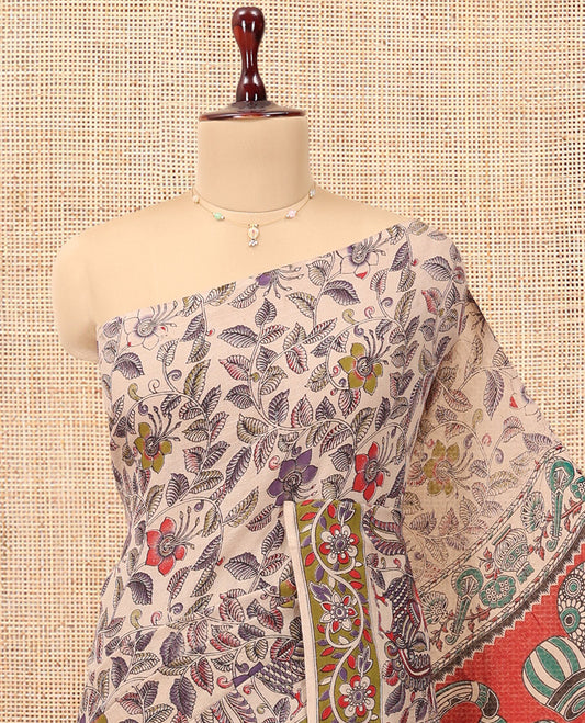 Multi-Color Kalamkari Cotton Saree, Adorned with Floral Vine Print, Contrast Printed Border, Pallu of Paisley and Music Instument Motifs, and a Matching Blouse