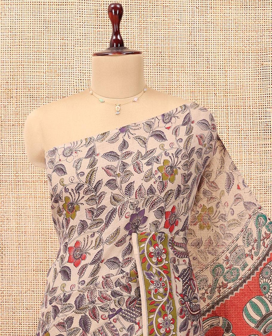 Multi-Color Kalamkari Cotton Saree, Adorned with Floral Vine Print, Contrast Printed Border, Pallu of Paisley and Music Instument Motifs, and a Matching Blouse