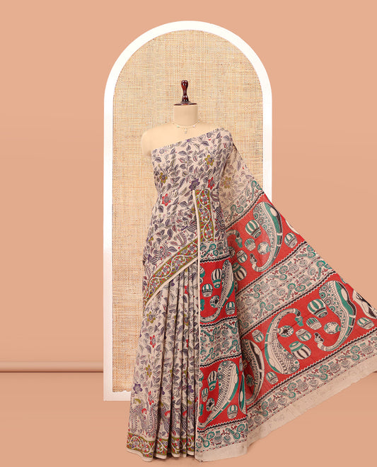 Multi-Color Kalamkari Cotton Saree, Adorned with Floral Vine Print, Contrast Printed Border, Pallu of Paisley and Music Instument Motifs, and a Matching Blouse
