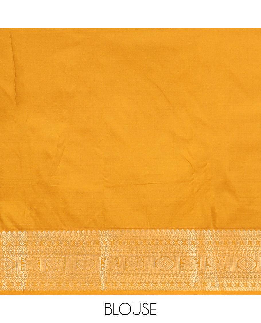 Biscuit-Yellow Budget Silk Saree, Woven with Zari Buttas, Complemented by a Contrast Traditional Zari Border, Grand Jaal Pallu, and a Contrast Blouse