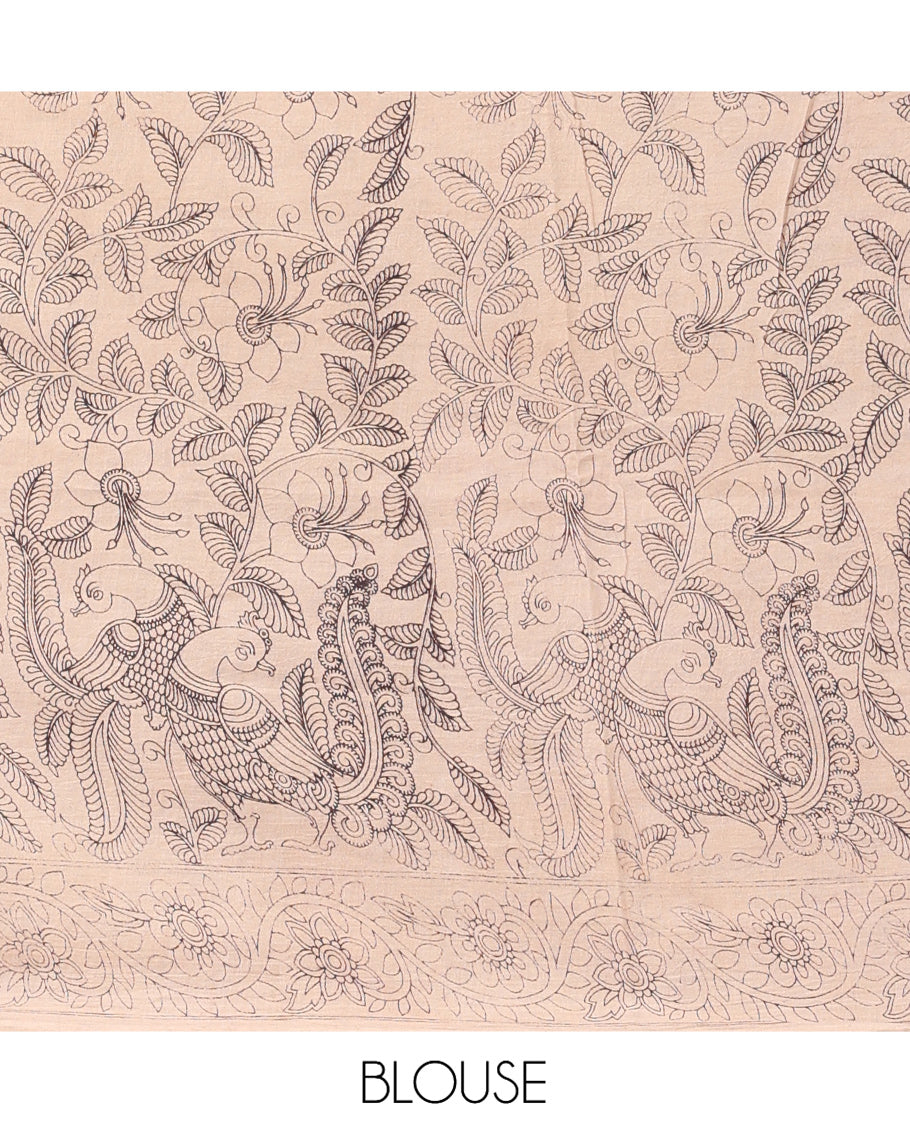 Multi-Color Kalamkari Cotton Saree, Adorned with Floral Vine Print, Contrast Printed Border, Pallu of Paisley and Music Instument Motifs, and a Matching Blouse