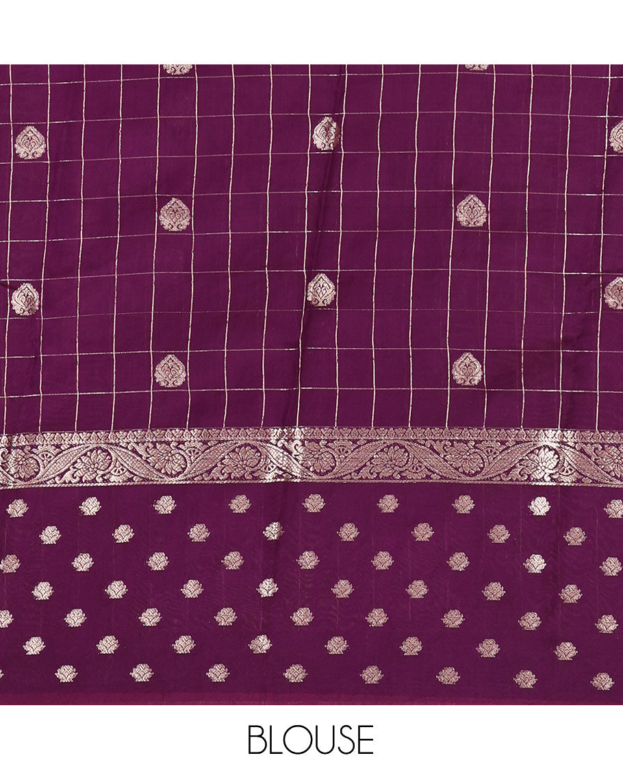 Grey Assam Silk Saree, Masterfully Woven with Zari Butta Enclosed Checks, Complemented by a Contrast Zari Butta Woven Border, Zari-Striped Pallu, and a Contrast Blouse
