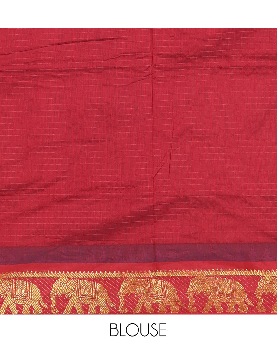 Royal Blue Checked Kalyani Cotton Saree, a Contrast Temple Elephant Motif Border, Grand Jaal Pallu, and a Contrast Blouse