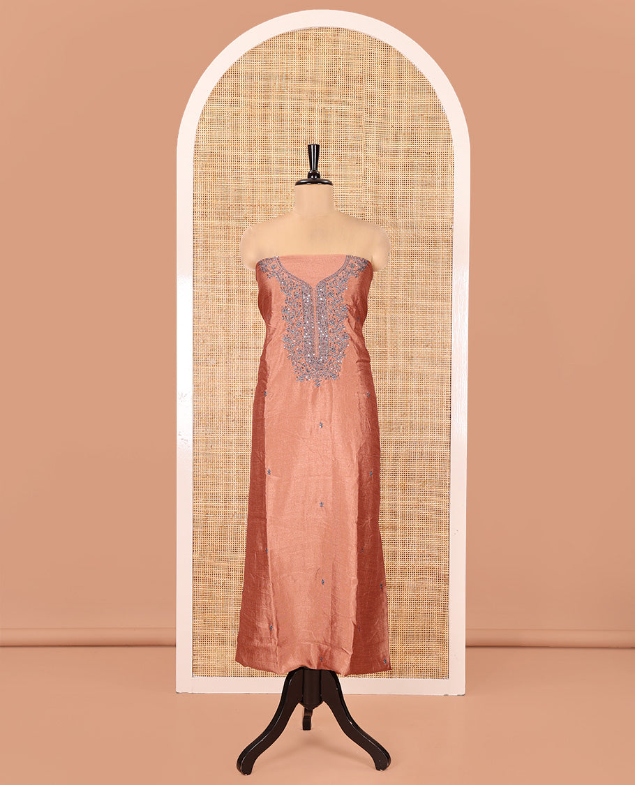 Onion Pink Vichitra Silk Material Chudidar Set, Adorned with Embroidered Top, a Plain Santoon Bottom, and Paired with a Matching Vichitra Silk Embroidered Scallop Dupatta