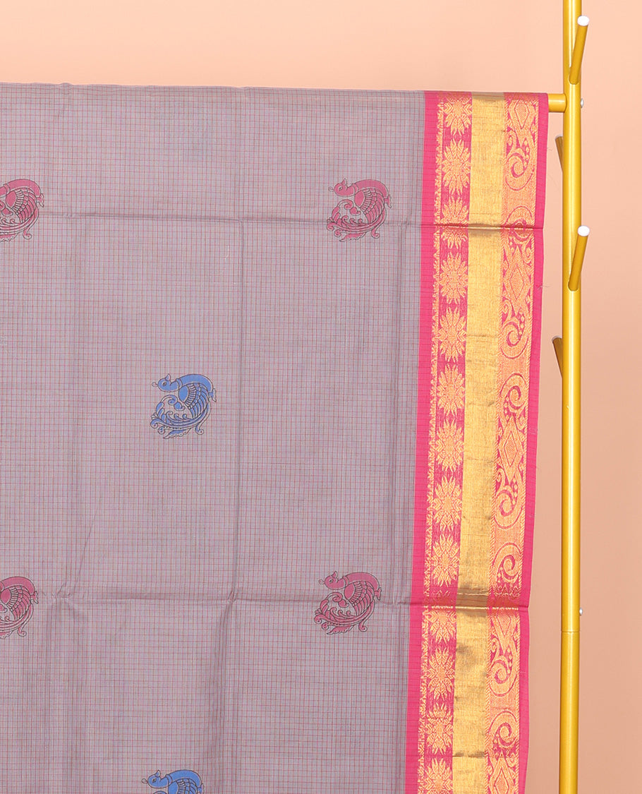 Grey Venkatagiri Cotton Saree, Delicately Printed with Peacock Buttas and Checks, a Contrast Traditional Zari Border, Pallu of Stripes, and No Blouse
