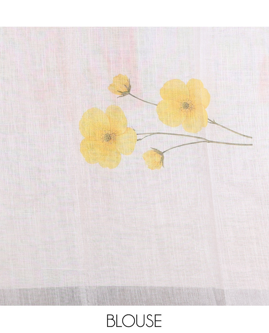 White-Yellow Linen Cotton Saree, Beautified with Floral Print, a Subtle Zari Border, and a Matching Blouse