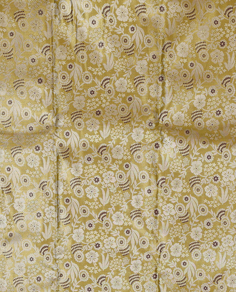 Green Art Silk Pavadai Material, Bedecked with Jacquard Design, Contrast Floral Zari Design Border, and Comes with a Contrast Blouse