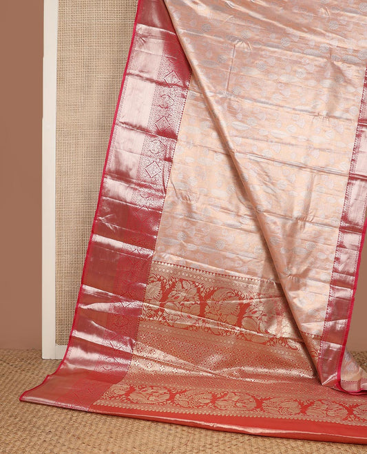Peach jacquard budget silk saree, contrast traditional zari border, and jaal pallu