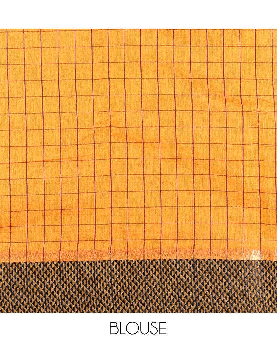 Orange Checked Mercerised Cotton Saree, Contrast Temple Ara Maadam Border, Striped Pallu, and Matching Blouse