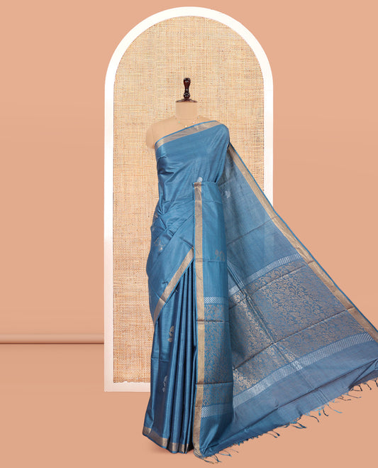 Blue Tussar Saree, Crafted with Buttas, a Piping Border, Floral Vine-Woven Pallu, and a Matching Blouse