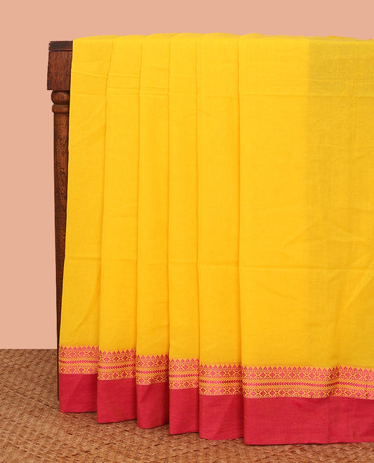 Yellow Plain Khadi Cotton Saree, Complemented by a Contrast Traditional Motifs Thread Woven Border, Striped Pallu, and Comes Without a Blouse