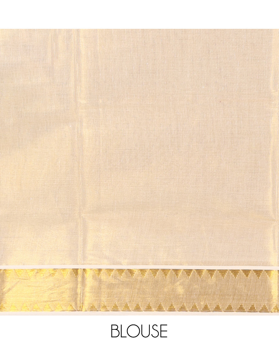 Gold Plain Kerala Tissue Saree, Gleaming Zari Temple Border, Zari Striped, and a Matching Blouse