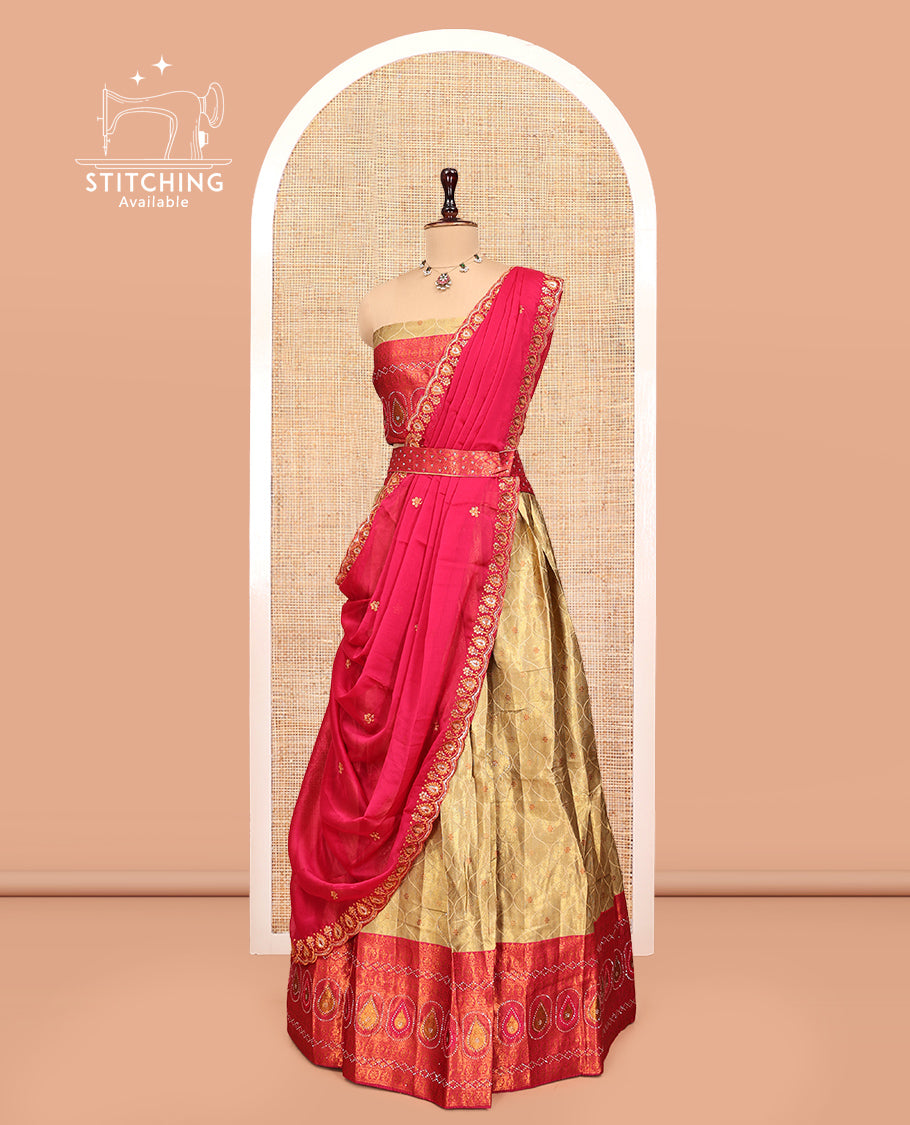 Gold-Pink Banarasi Half-Saree, Bedecked with Butta Enclosed Ogee Design, a Contrast Traditional Zari Stone Work Border, a Matching Blouse, and a Contrast Embroidered Dhavani