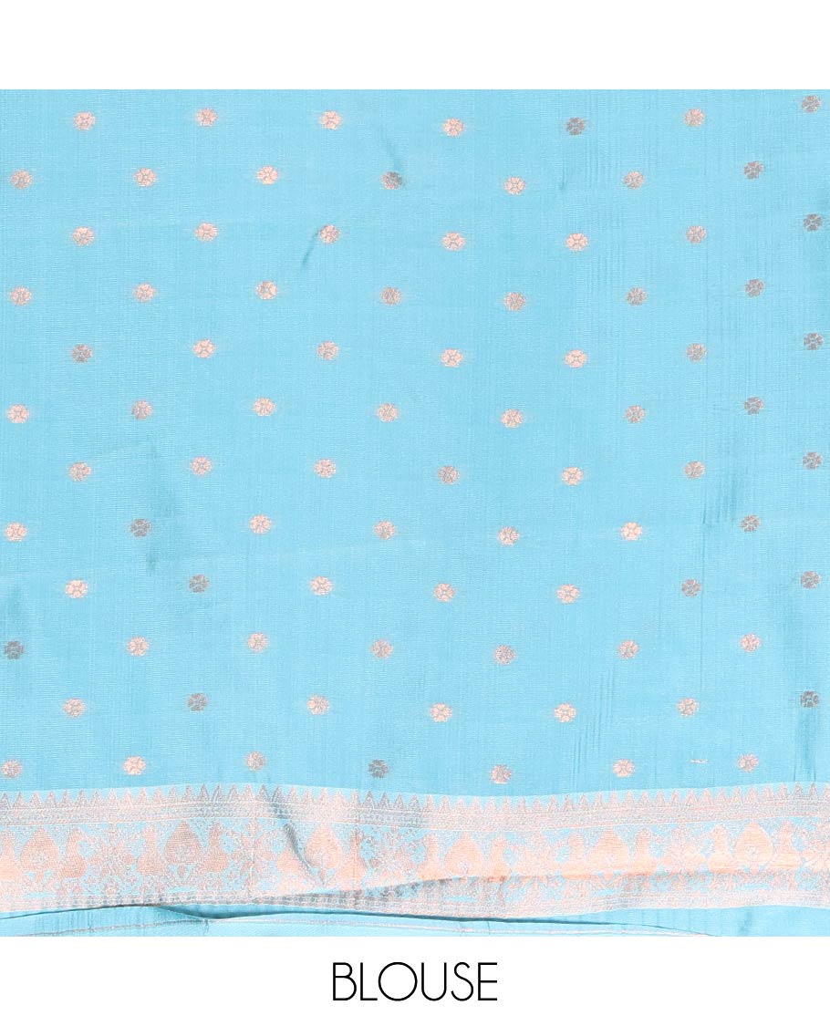 Blue Litchi Saree, Gleamed Up with Micro-Zari Checked Design on Its Body, Complemented by a Contrast Rettai Pettu Zari Design Border, Grandly Designed Pallu, and Paired with a Contrast Blouse