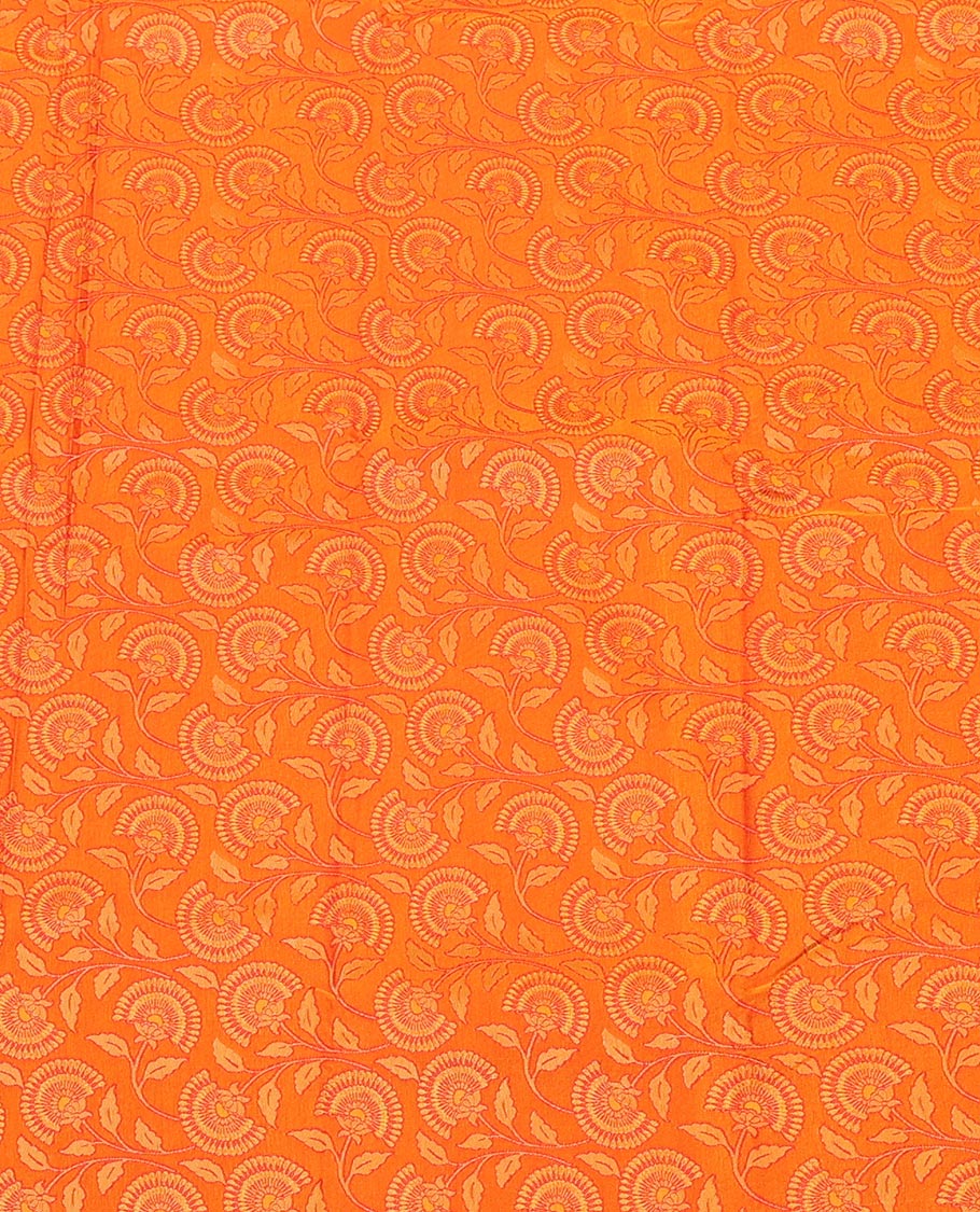 Orange Art Silk Pavadai Material Set, Enthralled with Floral Jaal Design on Its Skirt, Complemented by a Contrast Floral Zari Design Border, and Paired with a Contrast Blouse