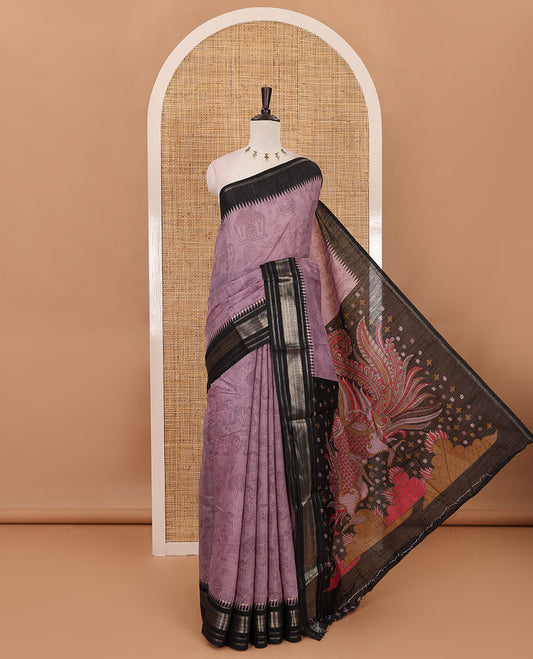 Lavender kalamkari-style flora-fauna printed mercerised cotton saree, contrast temple zari border, kalamkari peacock printed pallu & contrast printed blouse