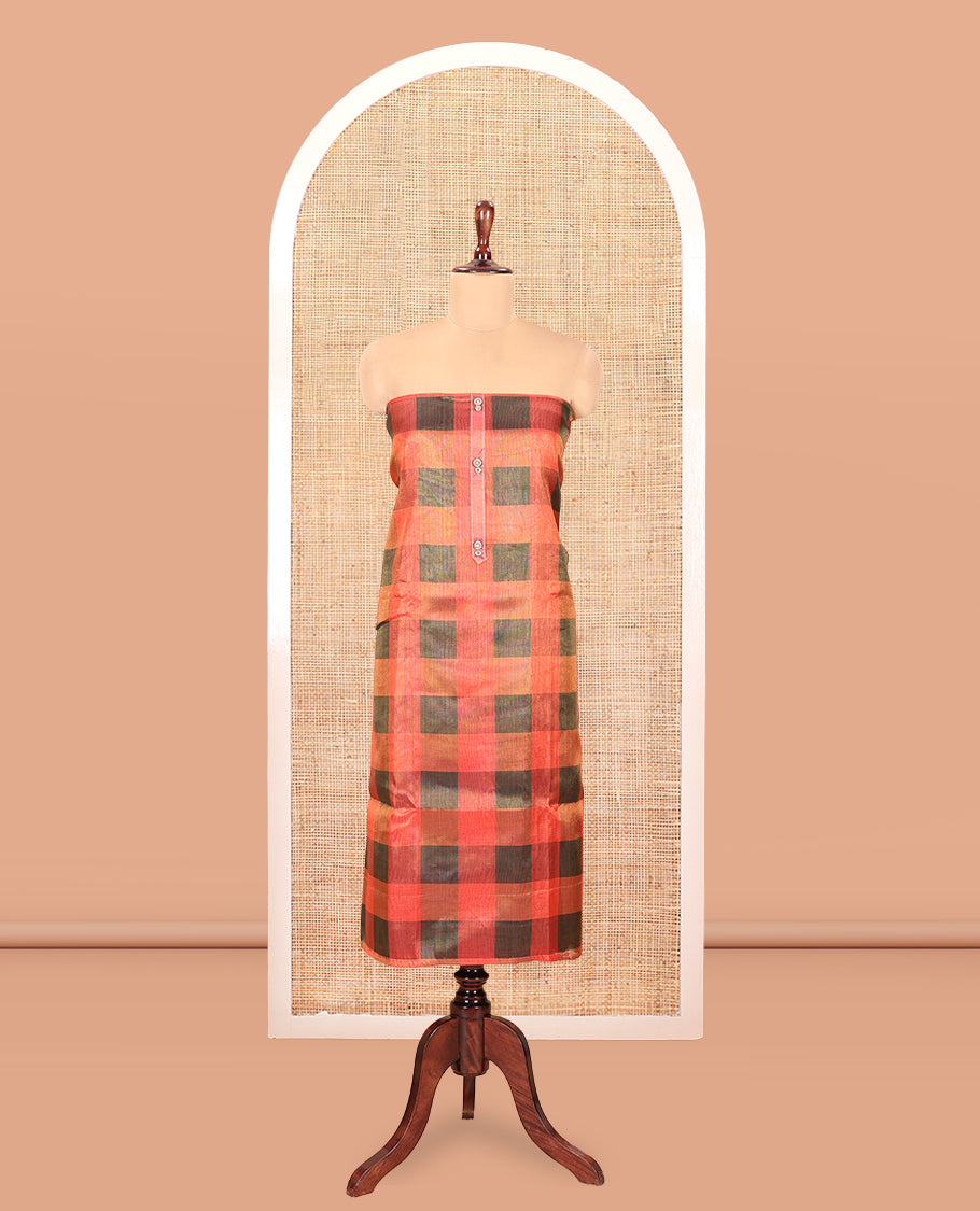 Multi-Color Shimmer Tissue Material Churidar, Spotlighted with Madras Checks Neckwork Top, a Contrast Bottom, Sequins Striped Dupatta