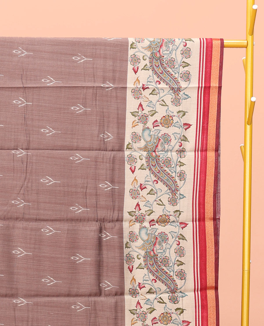 Brown Kanchi Cotton Saree, Adorned with Buttas All Over Its Body, Complemented by a Contrast Border of Kalamkari Peacock Print, Pallu of Kalamkari Peacock Print, and Paired with a Contrast Blouse